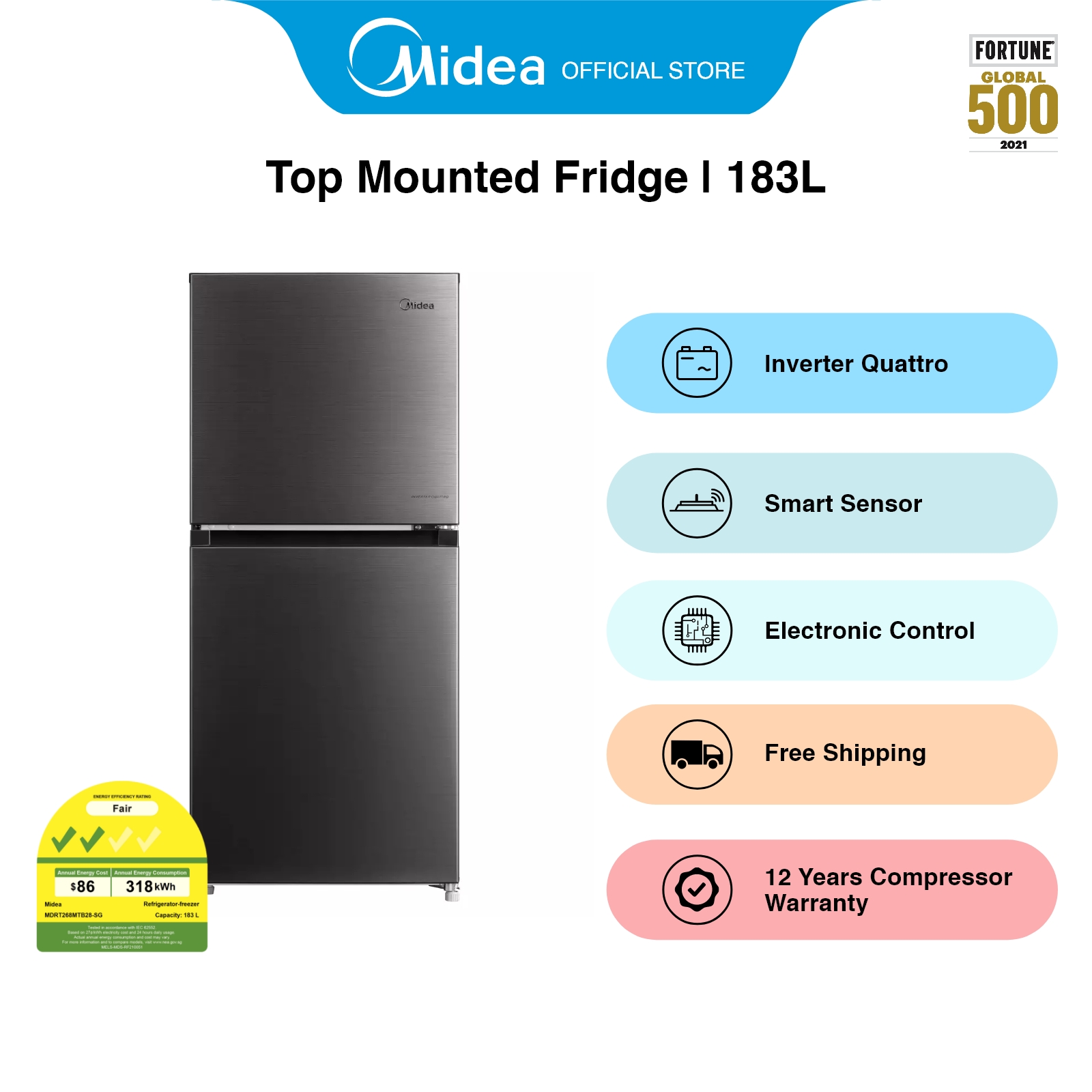 [Bulky] Midea MDRT268MTB28-SG Black Top Mounted Fridge, 183L, Energy Rating 2 Ticks