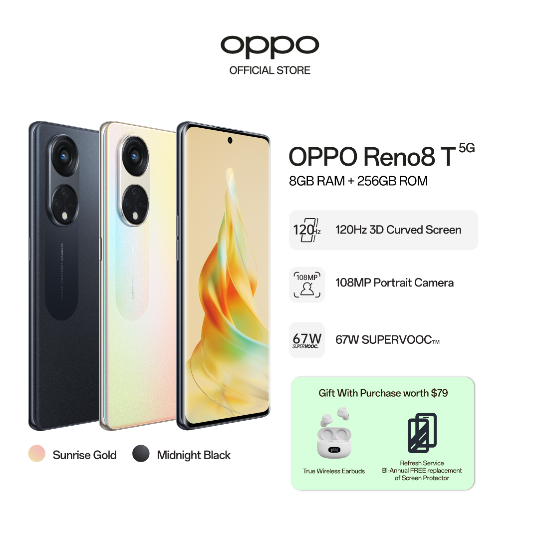 OPPO Reno8 T 5G / 108MP Portrait Camera / 120Hz 3D Curved Screen / 67W SUPERVOOC / Free True Wireless Earbuds Worth $79
