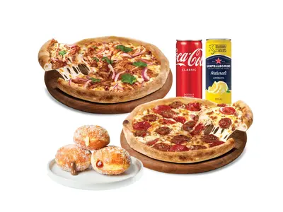 Combo Set For 3-4 Pizzas, Doughnuts, Drinks